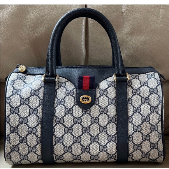 Gucci Handbags - Certified Authentic Vintage Gucci Boston Navy Monogram Canvas Leather Bag, COA